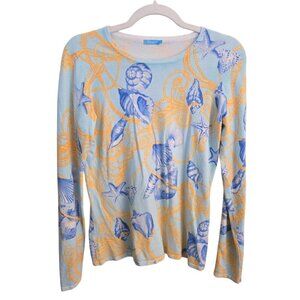 J. Mclaughlin Designer Seashell Yellow Blue  Button Sleeve Sweater Size S